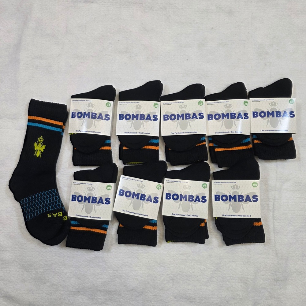 10 Pair Lot Bombas Crew Socks Kids XS Black Honeycomb Arch Support Tab